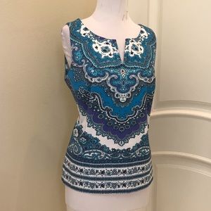 NWOT Talbots turq/blue//white print cotton top